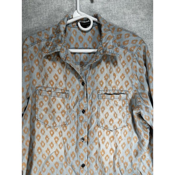SIGNATURE STUDIO Womens Large Button Down Shirt Blue Orange Pattern Chambray - Picture 6 of 8